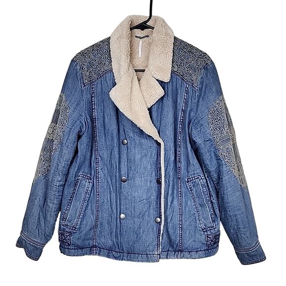 Free People Boho Embroidered Sherpa Coat Jacket - Picture 4 of 9